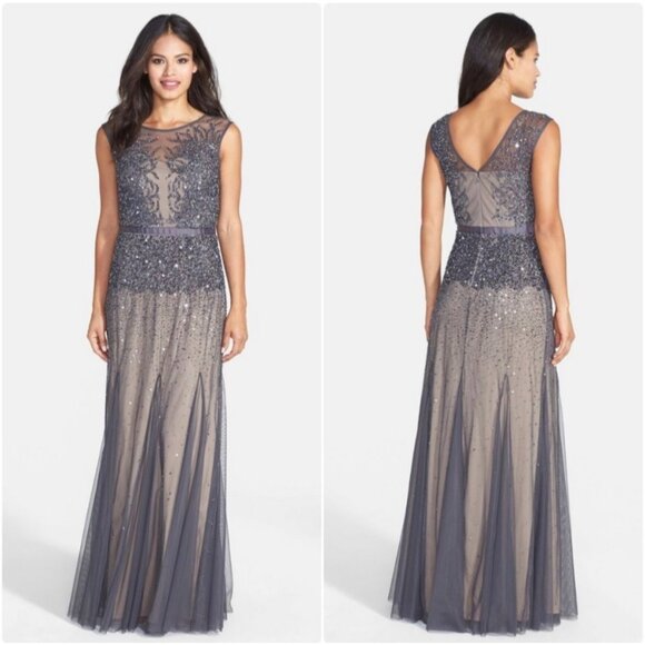 Adrianna Papell Petite Beaded Illusion Gown in Gunmetal - Picture 1 of 12